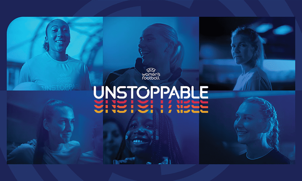 Collage of six women and girls, including professional footballers and referees with overlay text 